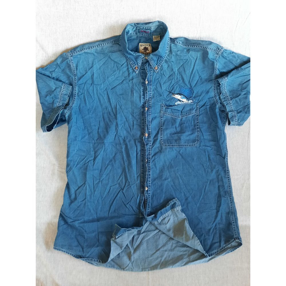 Indigo Madison Trade Men Large‎ Chambray Embroidery Art Logo Pocket Button Shirt